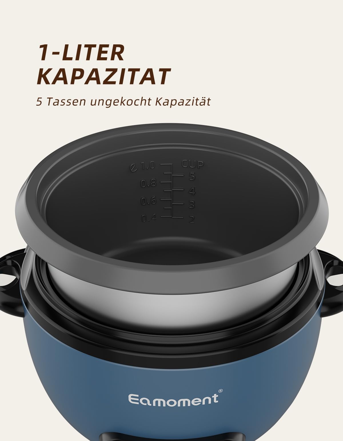 ERC-5P07BL 1 l | 400 W szybkowar do ryżu i czarny wkład na parze, do gotowania dla 1-5 osób, nieprzywierający, zdejmowany garnek, kubek z miarką, szpatułka, przycisk ustawiany, niebieski