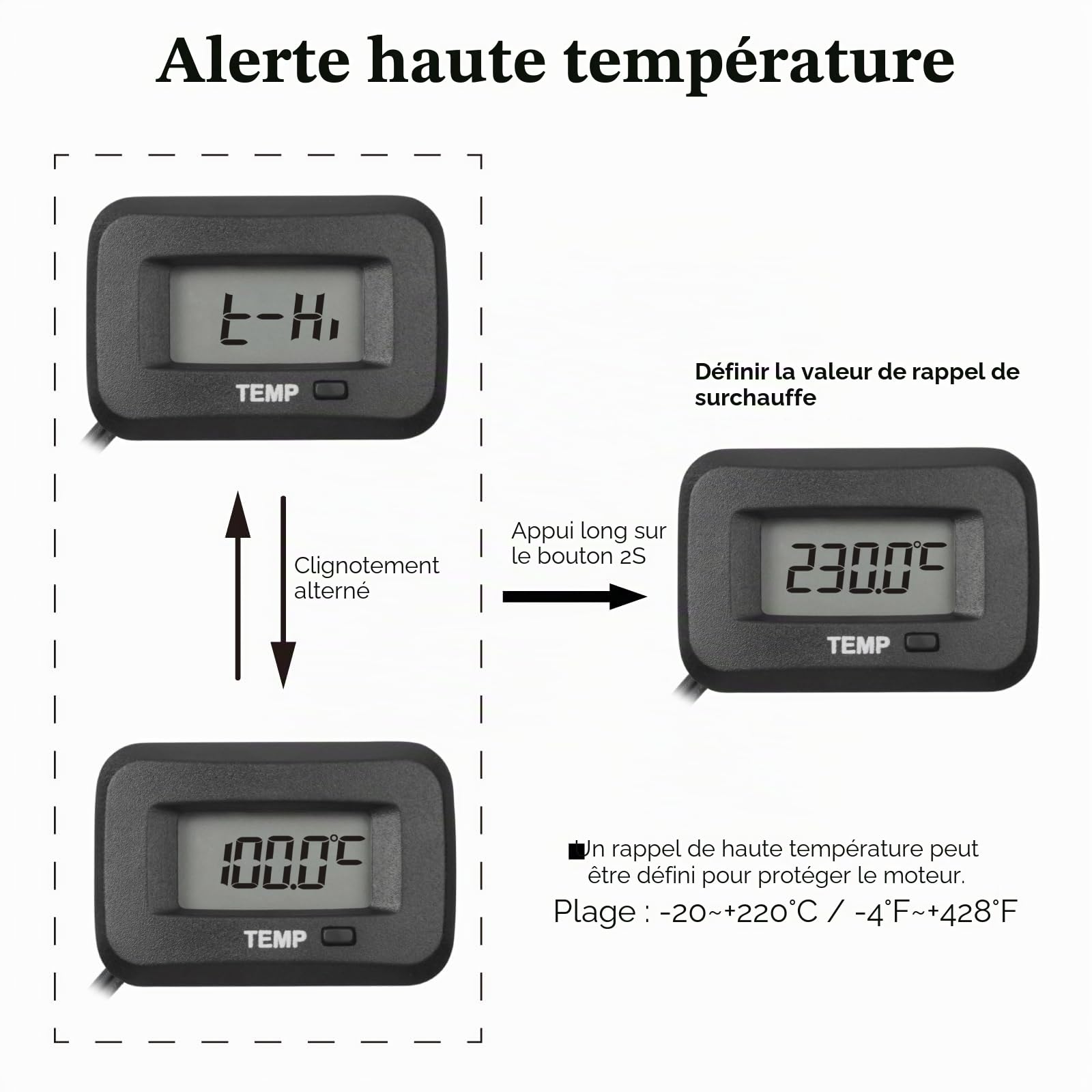 Testeur de température numérique TEMP - Alarme haute température - Utilisation pour moteur scooter, moto, tracteur, moteur hors-bord