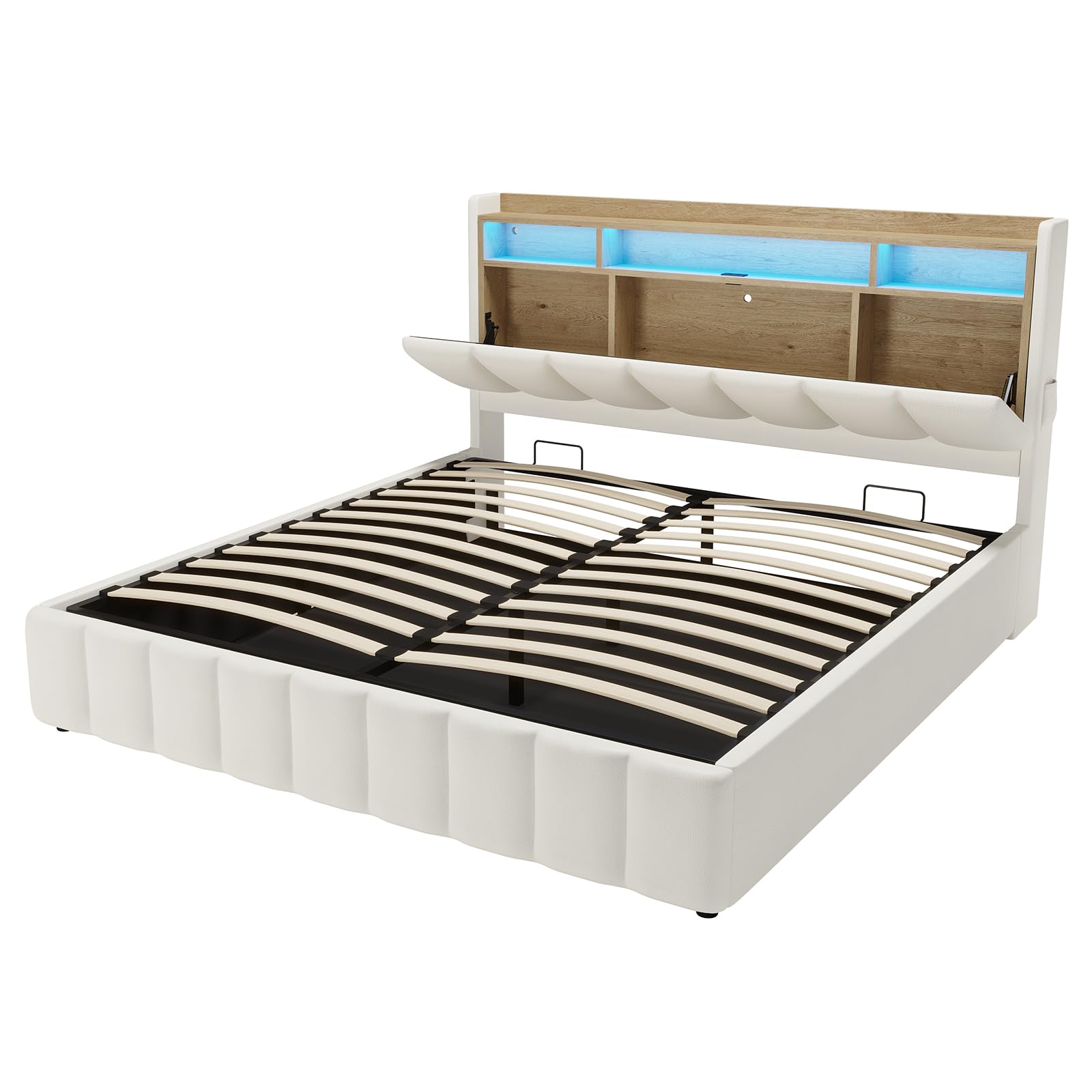 KIMENICH Lit Coffre 160 x 200 à LED, Lit Hydraulique avec Étagères Ouvertes et Rangement Caché en Tête de Lit Capitonné, lit 2 Personnes avec Lattes en Bois, Lits 160 x 200 avec Sommier en PU Blanc