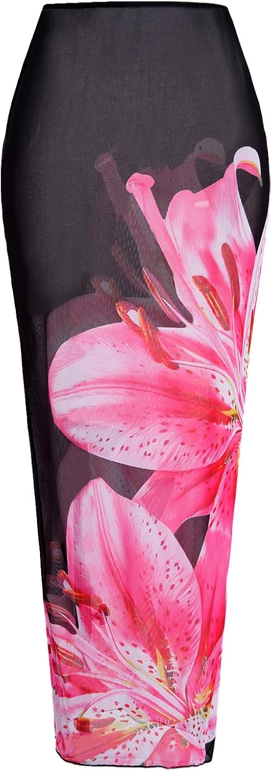 Verdusa 3 Piece Swimsuits for Women Floral Halter String Bikini Top Panty with Sheer Cover Up Skirt