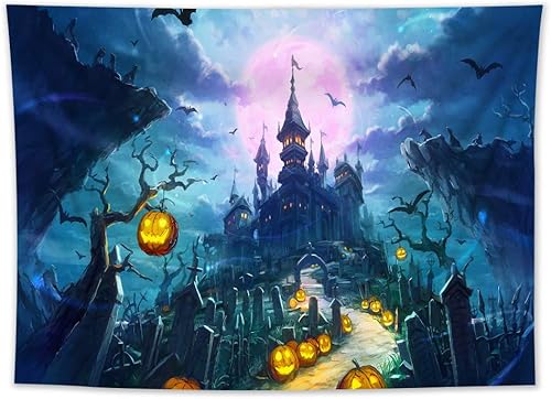 LB Tapiz de Halloween de castillo espeluznante, tapiz para colgar en la pared, cementerio embrujado, calabaza, farol, luna, noche, monstruo,