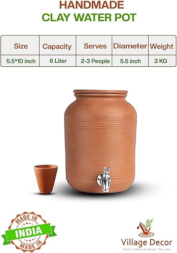 Miniatura 2 de Village Decor Olla de agua de arcilla de tierra hecha a mano  Dispensador de bebidas de arcilla con grifo de acero inoxidable y vidrio de arcilla,