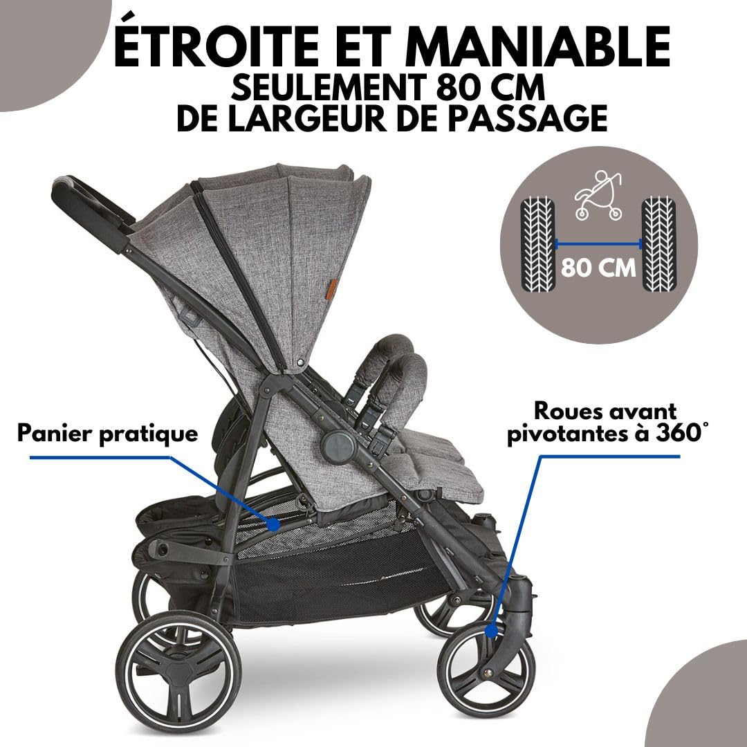 ABC Design Poussette Double Twin Circle – Légère, Maniable, Compacte pour Jumeaux et Frères & Sœurs, Fonction Allongée, Pliage facile, Housse Pluie – Gris Chiné