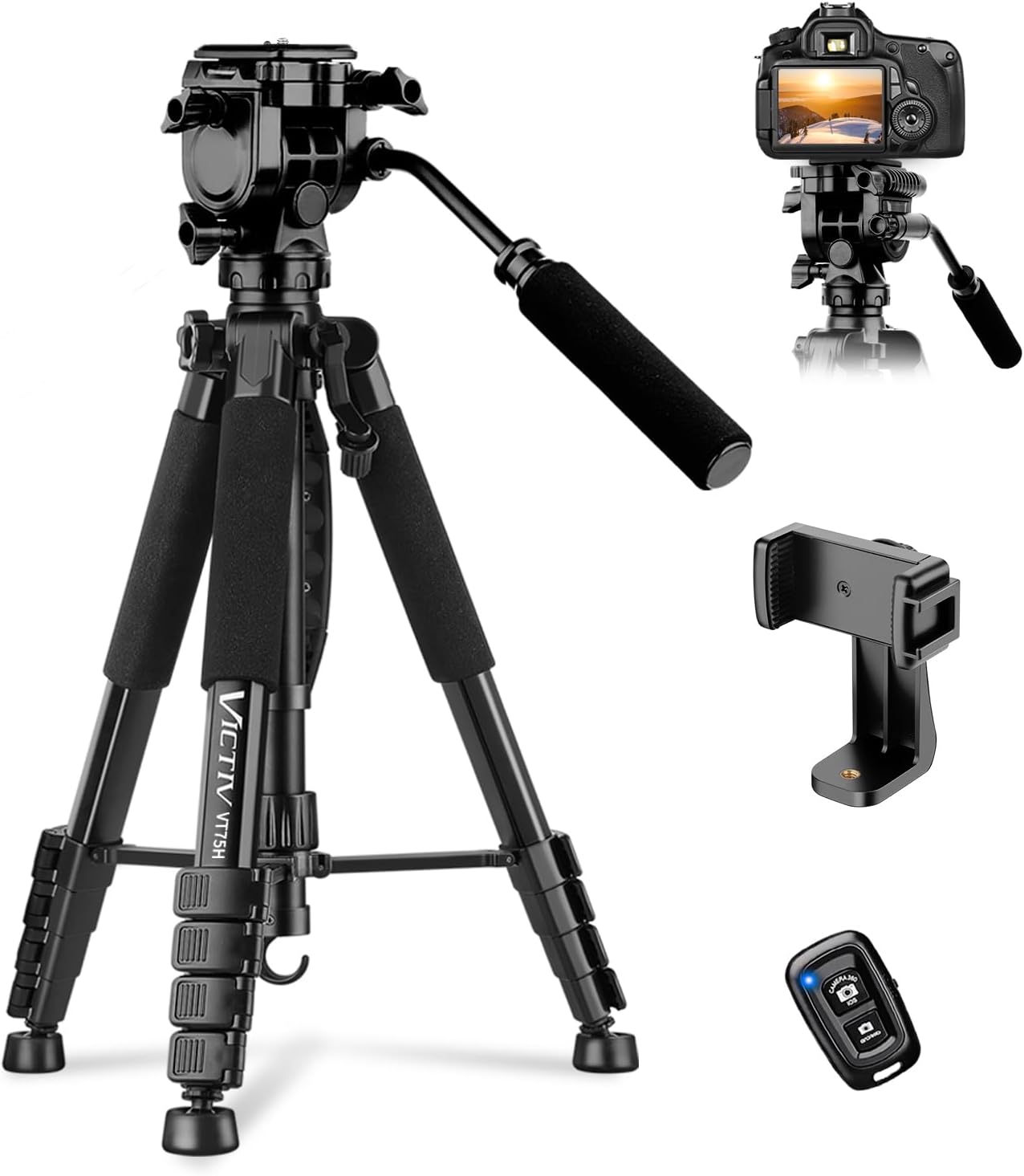 Camera Tripod, 75” Heavy Duty Tripod for Camera with Phone Holder and Travel Bag, Compatible with Video Camera, DSLR, Spotting Scopes, Camcorder, GoPro, Cell Phone, Max Load 16LB (Black)