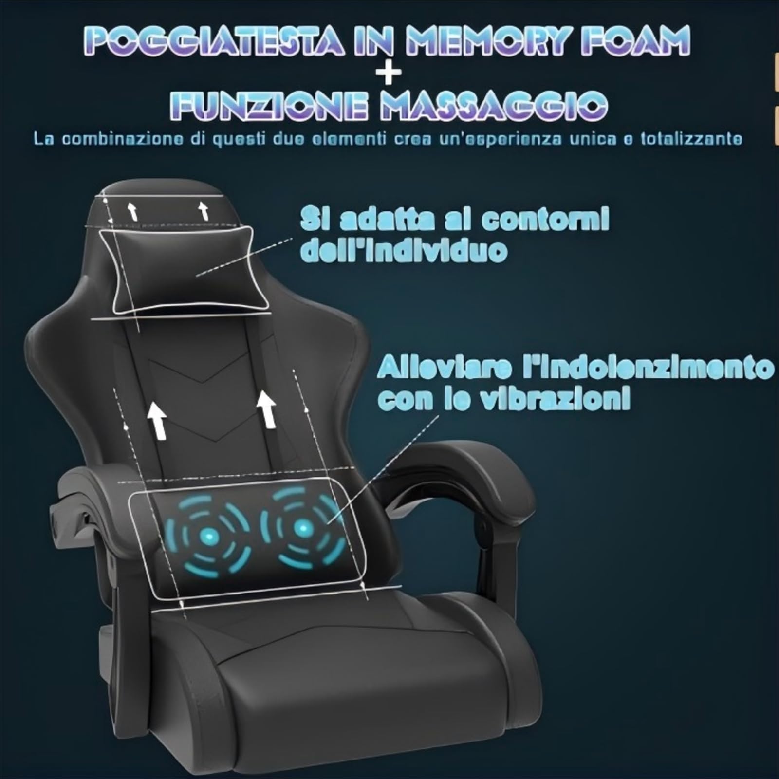 JUMMICO Sedia da gaming da ufficio, ergonomica, con cuscino lombare massaggiante, schienale regolabile 90-135°, e poggiapiedi, capacità di carico 150 kg, colore: nero