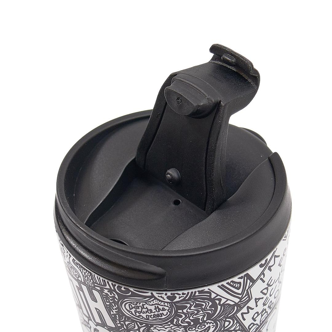 ECO CHIC Tazza da caffè termica riutilizzabile in acciaio inox a tenuta stagna isolata 330 ml tazza da viaggio (Save The Planet B & W)