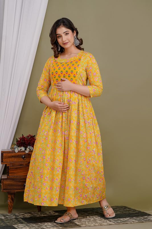 Image of Women's Pure Cotton Printed Maternity Gown /Maternity wear /Feeding Gown A-line Maternity Feeding Dress Maternity Kurti Gown for Women