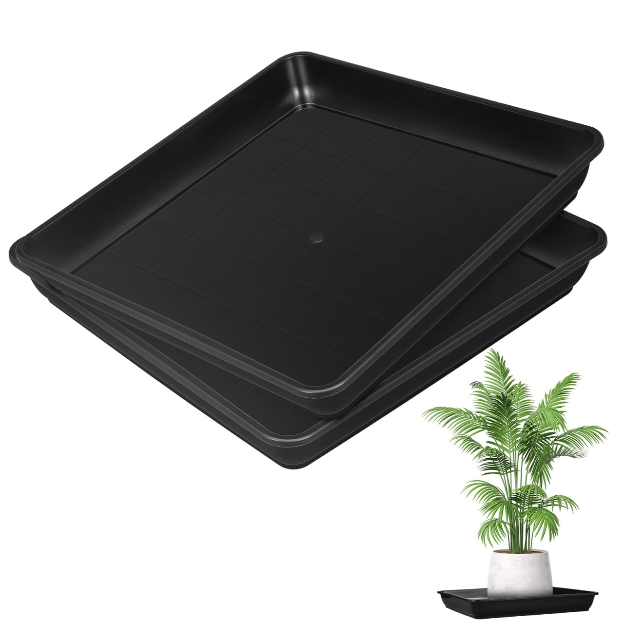 Hemobllo 2 Pcs Heavy Duty Square Plant Saucers - 40cm Large Plastic Drip Trays for Flower Pots - Fits up to 36.5cm Pot Base - Indoor & Outdoor Floor Protection, Black