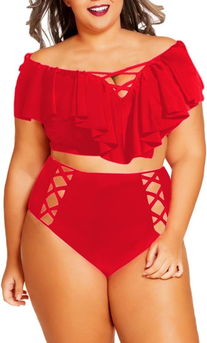 Kisscynest Women's Plus Size Swimwear 2 Piece High Waisted Swimsuit Ruffle Bikini