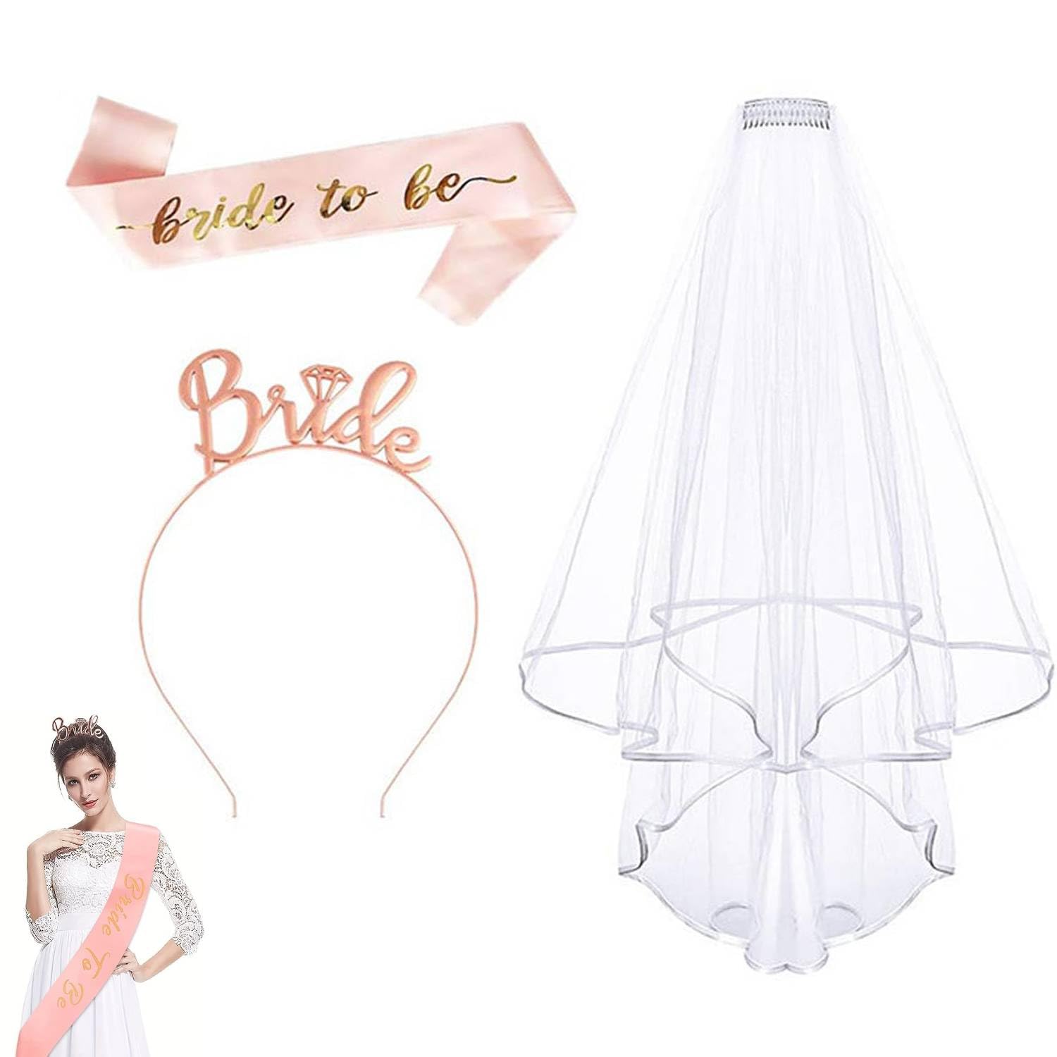Elegant Bride to Be Sash and Veil Set – Perfect Hen Party and Bridal Shower Accessories, White