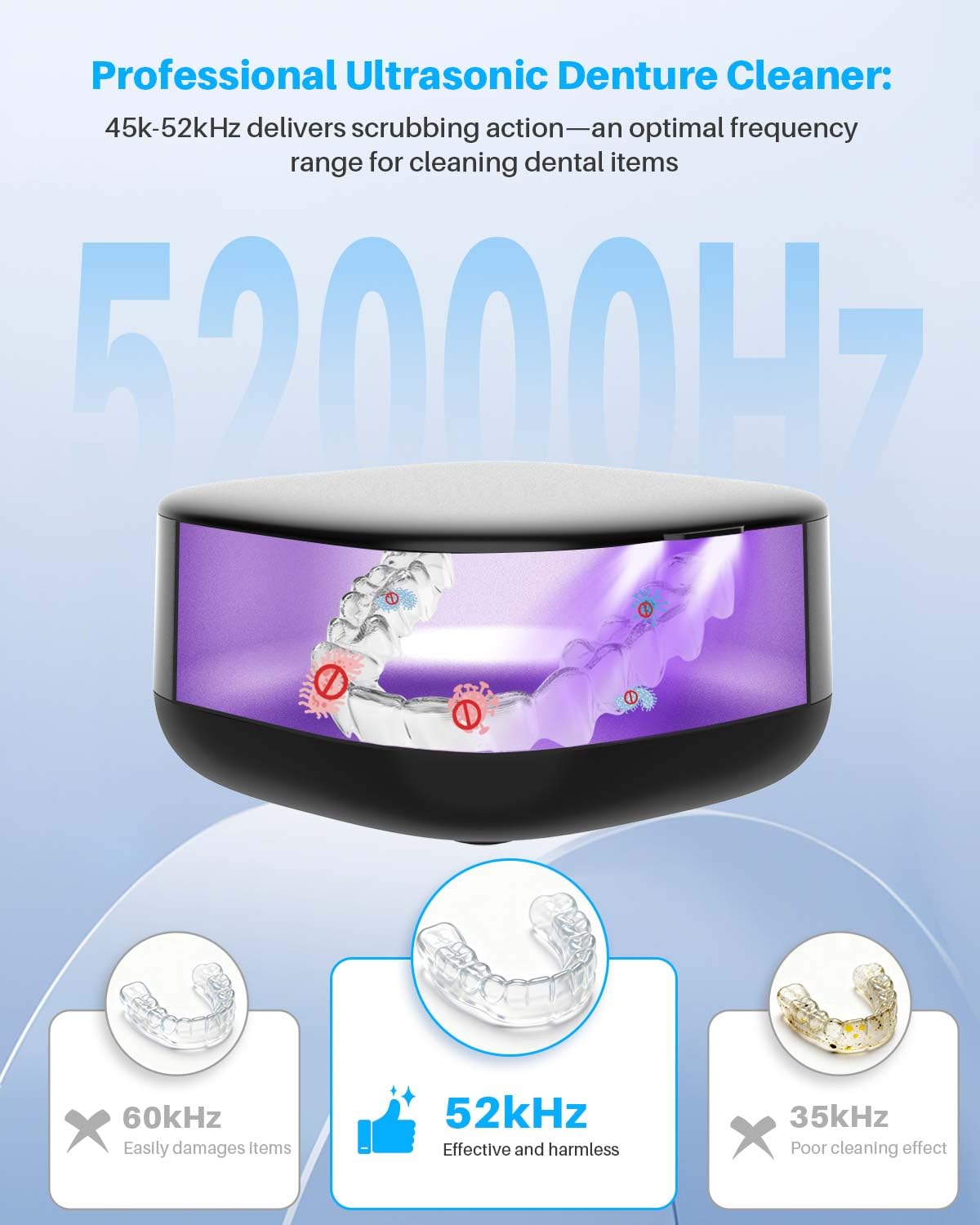 Voraiya Rechargeable Ultrasonic Retainer Cleaner, Portable Retainer Cleaner Machine, 52kHz Retainer Cleaner for Dentures, Night Guards, Mouth Guards, 166ml Dental Cleaning Pod with Mirror, 3 Modes