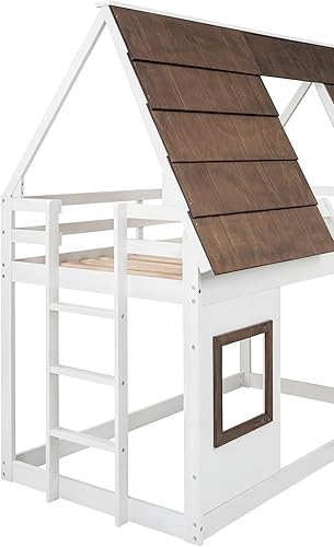 Miniatura 81 de Favfurish Cama de plataforma de casa de tamaño individual con cabecero y estribo, diseño de techo, cama de madera con forma de casa para niños y