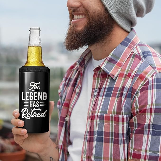 Image of SANDJEST The Legend Has Retired 4-in-1 Design Tumbler Cup Can Cooler - 12oz Stainless Steel Insulated Cans Coozie Travel Mug Christmas, Birthday, Happy Retirement Gifts for Coworkers, Colleagues, Men