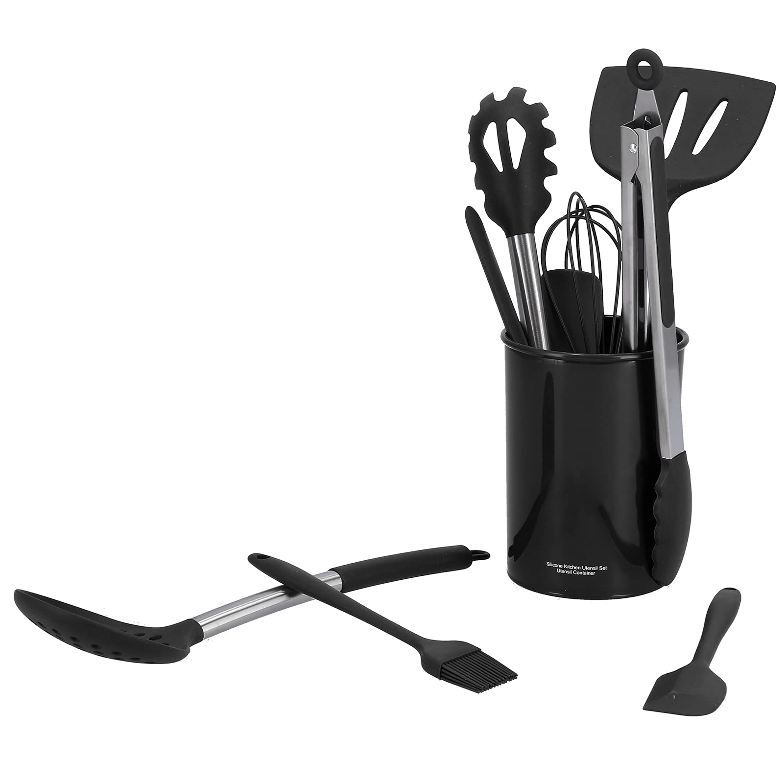 Set di utensili da in silicone da 15 pezzi con manici in acciaio inossidabile Utensili da termici antiaderenti con secchio di stoccaggio (Tutto nero)