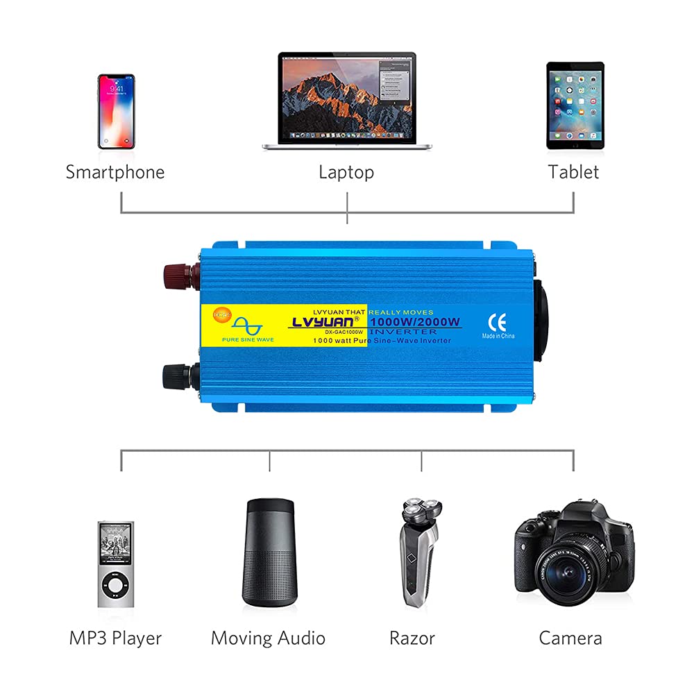 Cantonape 1000W KFZ Reiner Sinus Spannungswandler-Auto Wechselrichter 24v auf 230v Umwandler-Inverter Konverter mit 1 EU Steckdose und 2 USB-Port - Spitzenleistung 2000 Watt