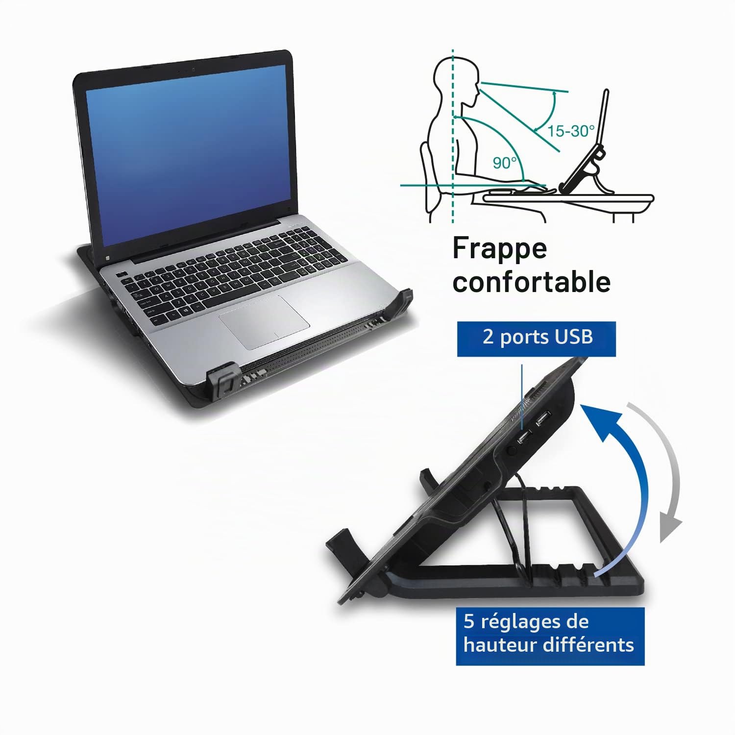 ACT Support de Refroidissement pour Ordinateur Portable 17", Hauteur réglable (5 Positions ergonomiques), 1 Ventilateur Silencieux pour Bureau, Port USB - AC8110