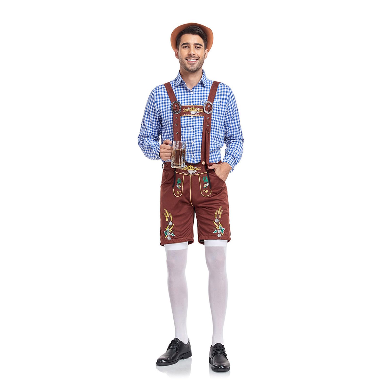 Lederhose Herren Set, Lederhosen Herren Lang Trachten Trachtenlederhosen Kurz Trachtenhose Vintage Trachtenlederhose Oktoberfest Men Outfit Hose + Hemd + Mütze