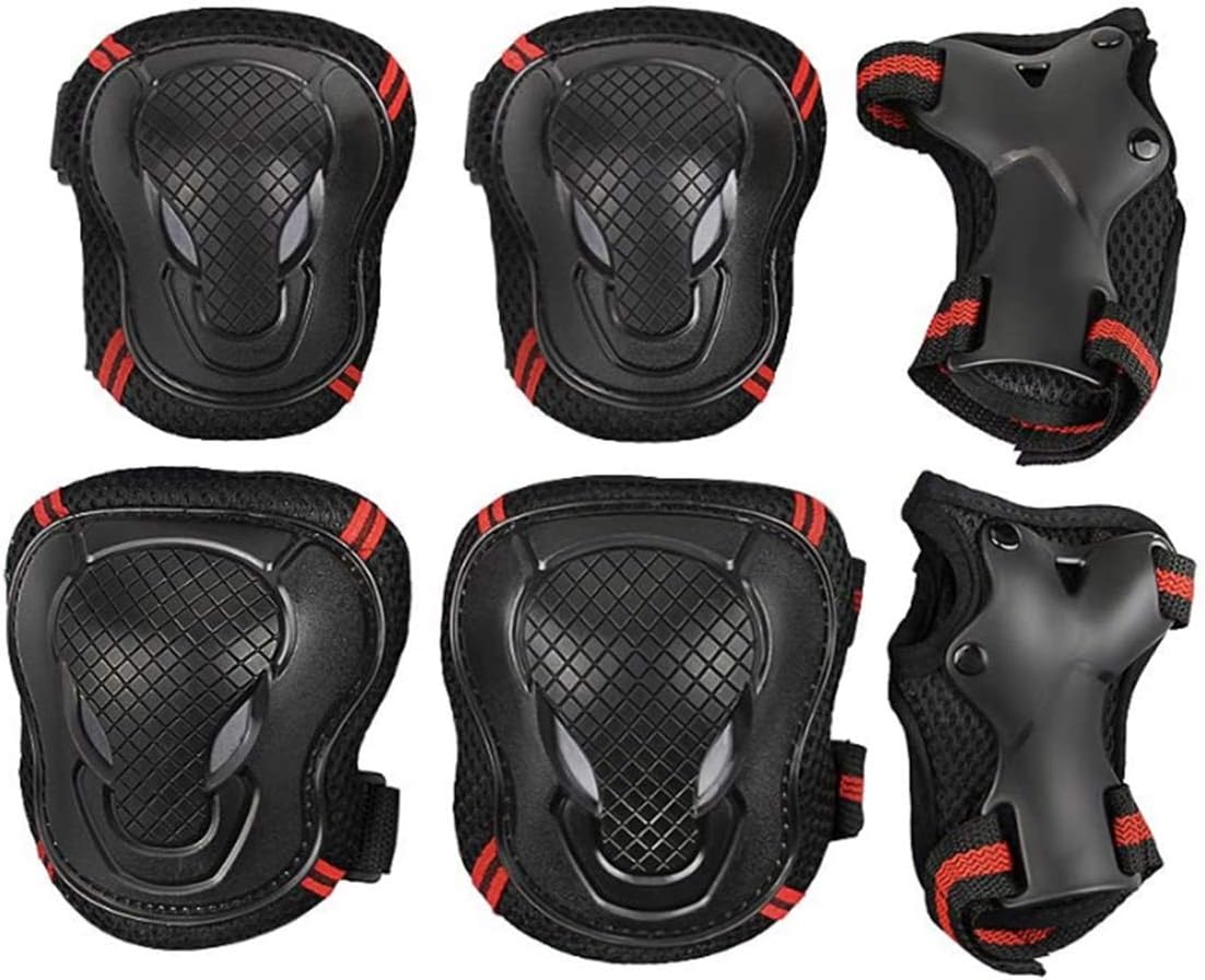 Adult protective gear set, adult knee protector 6-piece suit protector knee pads elbow pads for multi-purpose skateboard roller skating bicycle lights (black red, L)