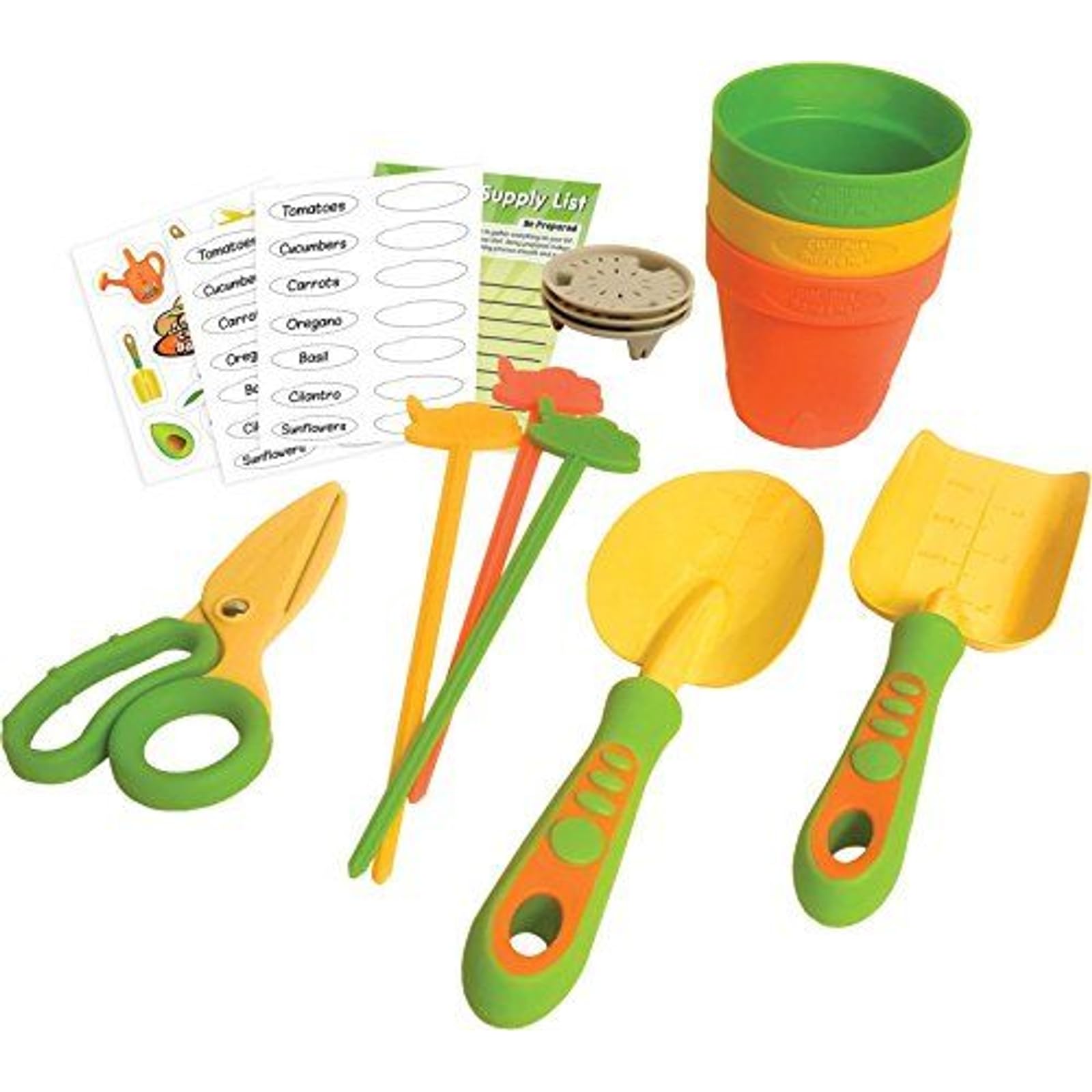 Curious Gardener 12 Piece Gardening Tool Set for Kids Ages 4-8 Years - Grower's Set - Includes Trowel, Shovel, Shears, 3 Nursery Pots, 3 Markers, and 2 Marker Sticker Sheets