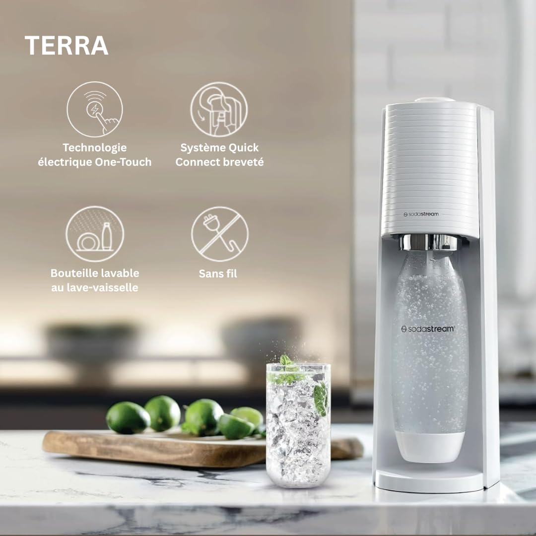 Sodastream Terra Machine à Eau Pétillante et Soda | Pack 1 Bouteille 1L Finition Acier Inoxydable Compatible Lave-Vaisselle + 1 Recharge de Gaz 60L à Clipser | Blanche