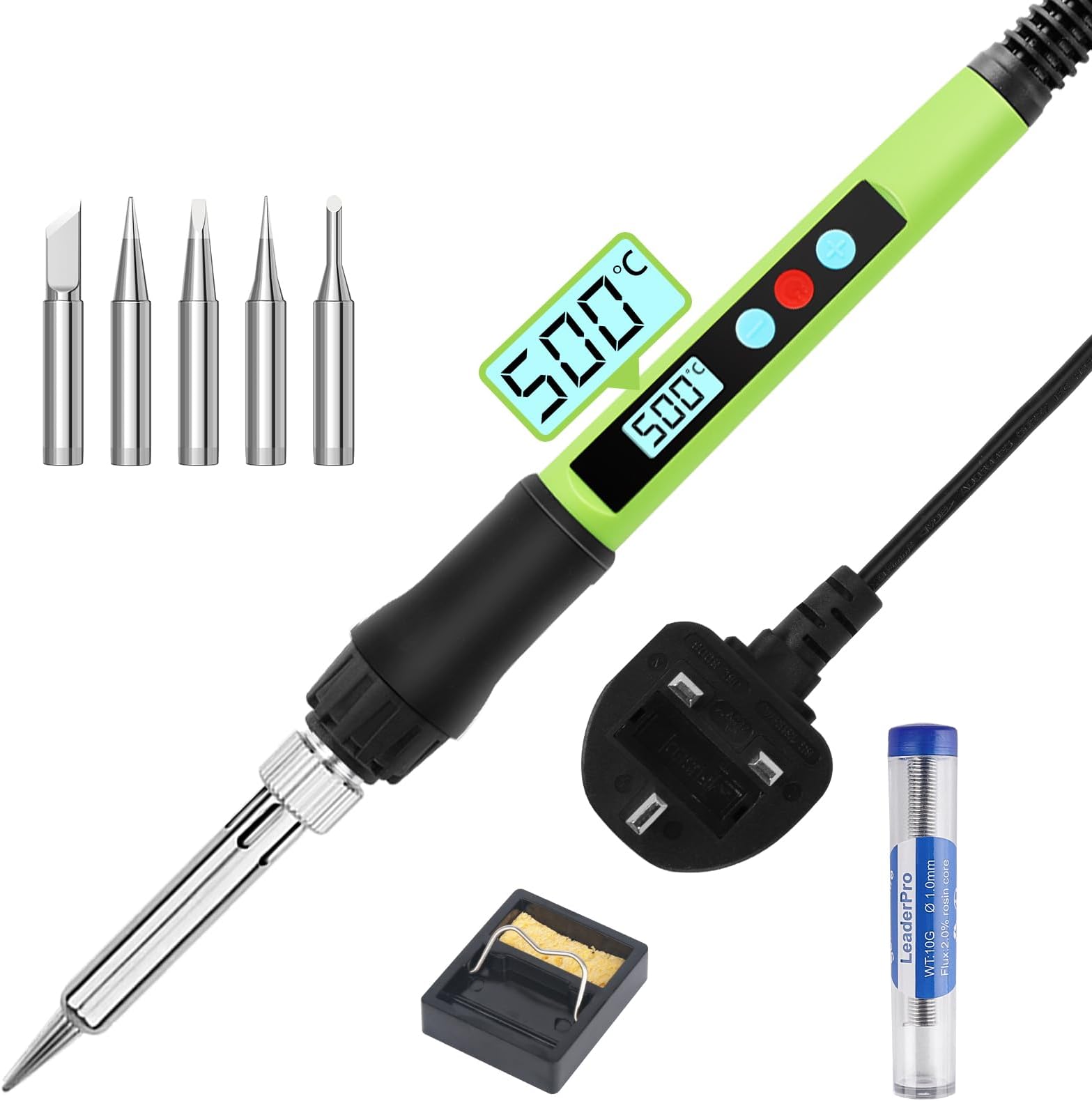 LeaderPro Flexible LED 100W Soldering Irons, Adjustable 180-500ยฐC Temp Set with ON/OFF Switch, 10g Solder,5 Tips, Stand,Soldering Kit for Welding, Repairs & DIY