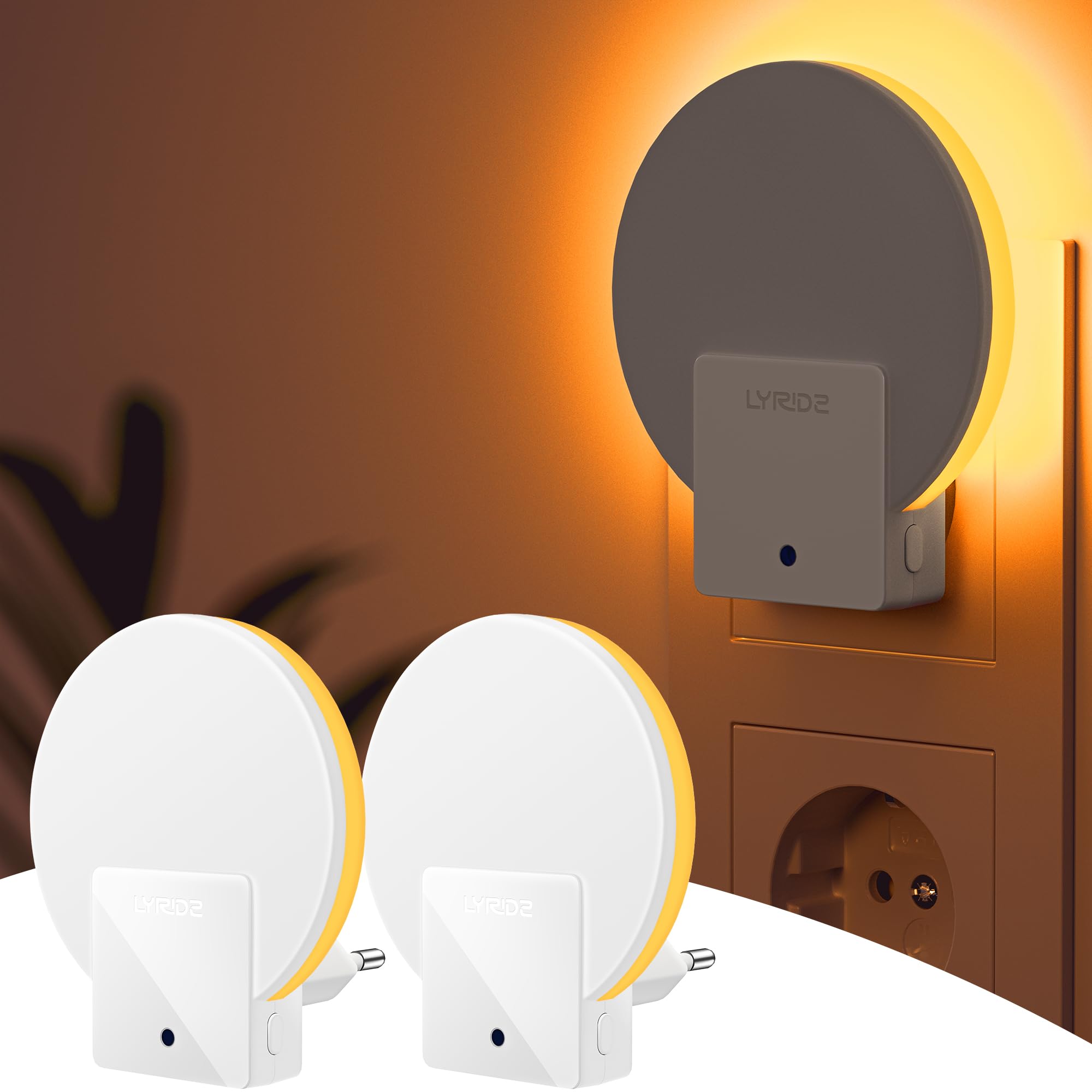 Lyridz Nachtlicht Steckdose mit Dämmerungssensor - Hinterleuchtete Nachtlicht Kinder Dimmbar - 2 Stück Steckdosenlicht Bernstein（1800k） 1-50 lm für Flur, Treppe, Schlafzimmer, Kinderzimmer