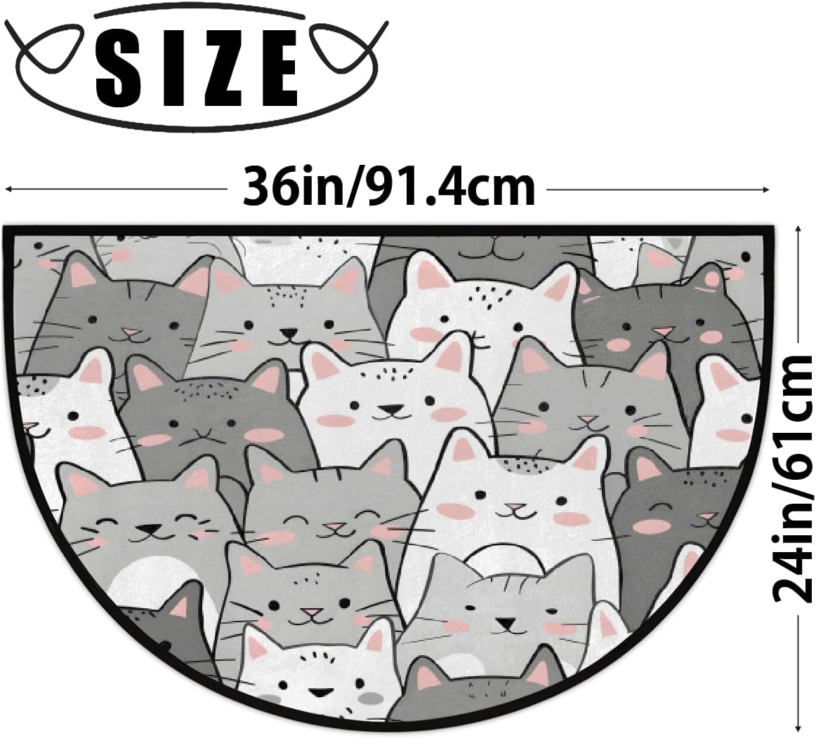 Half Round Doormat Cute Animals Cat Gray Washable Semi Circle Rug Non Slip Absorbent Half Moon Rug Kitchen Mat for Indoor Outdoor Bathroom Patio Front Welcome Fireplace Hearth Floor Mat