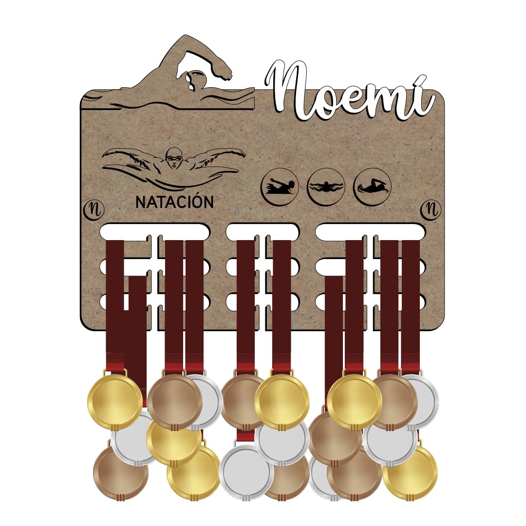 Medallero NATACIÓN de Madera, Personalizado con Nombre y Deporte, Colgador de medallas. Soporte Organizador cuelga medallas Deportivas, Regalos para Deportistas