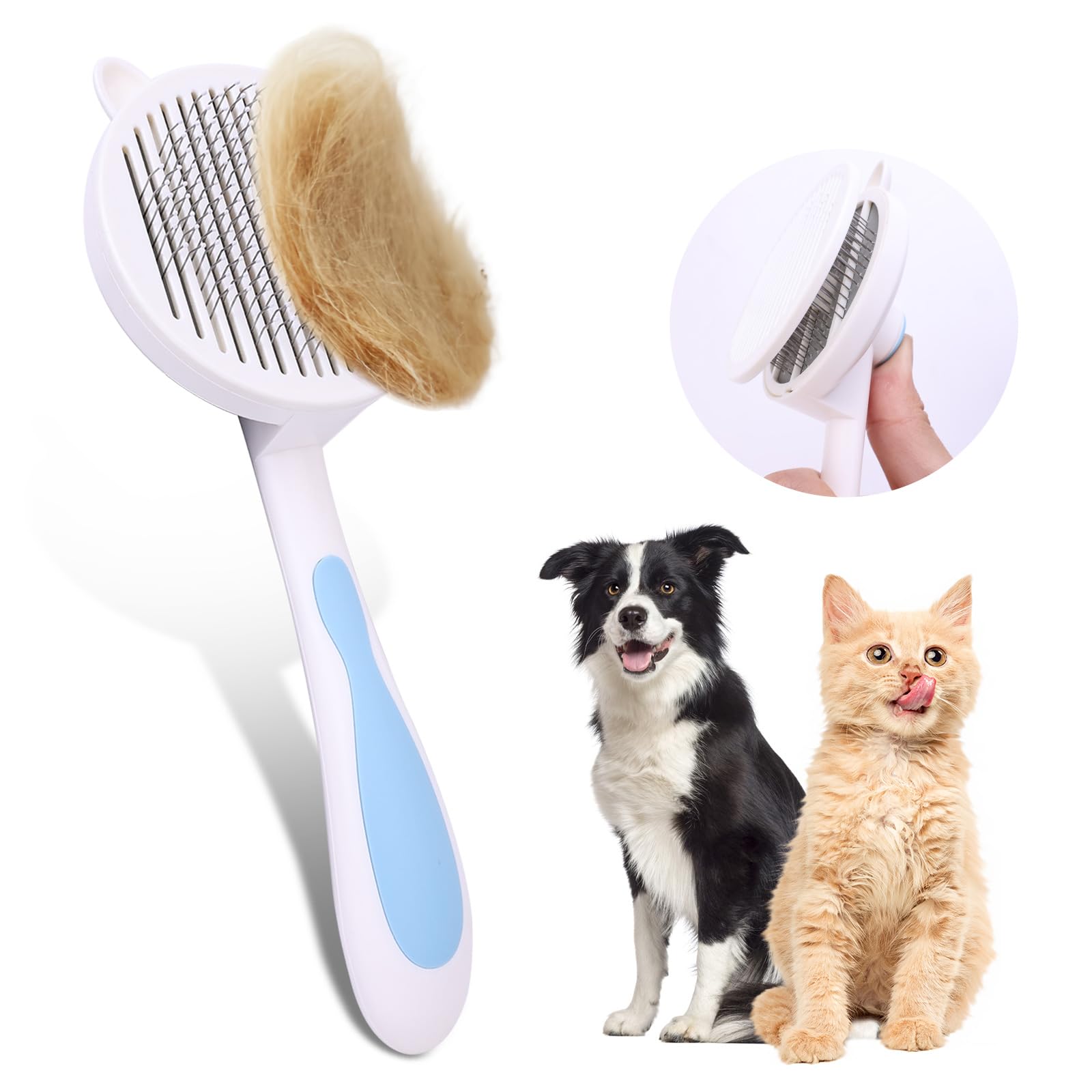 Hey Jumi Upgraded Cat Brush for Grooming, Skin Friendly Pet Brush for Shedding, Self Cleaning Slicker Brush for Cat, Pet Grooming Tool, Blue