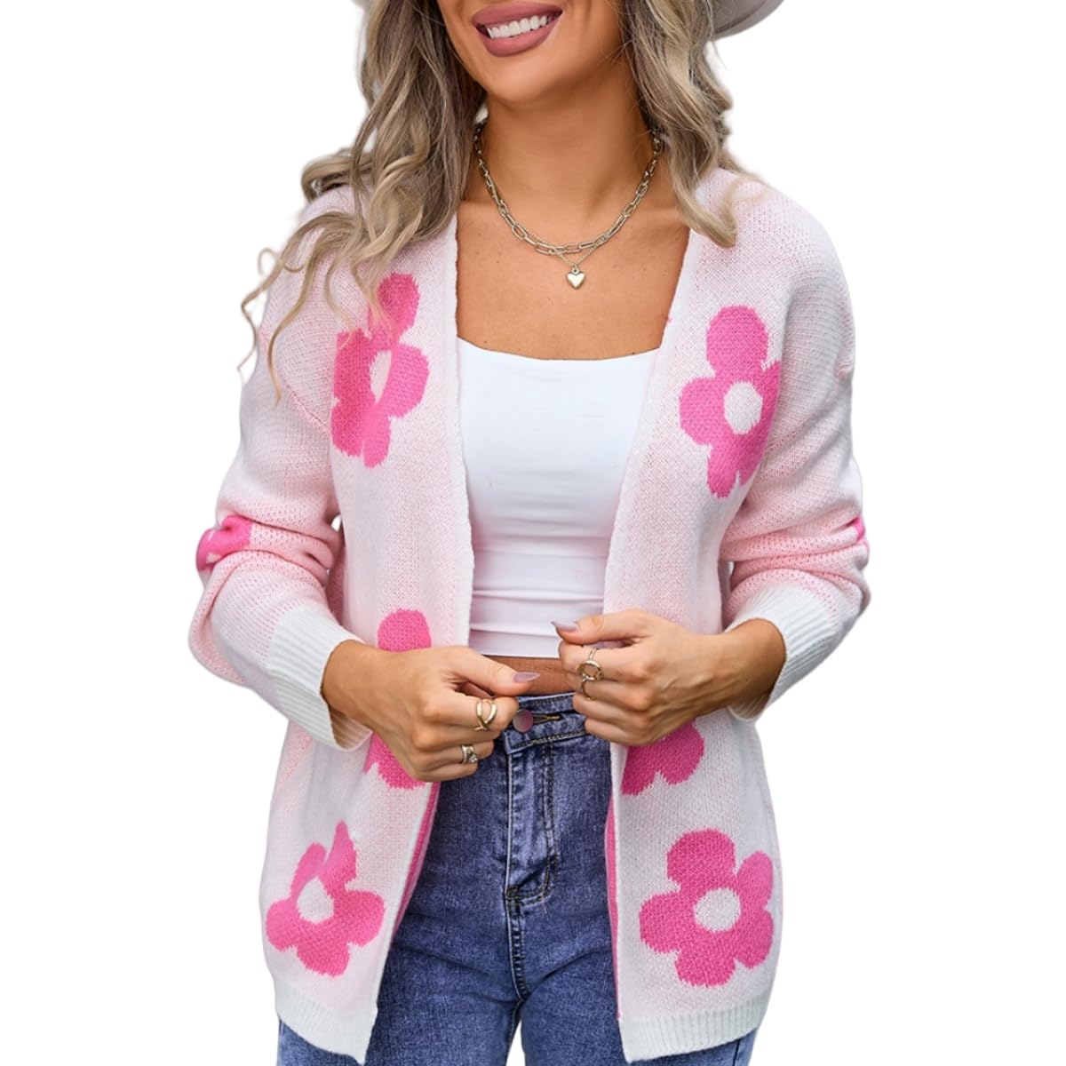 Pull Cardigan Fleuri pour Femmes, Cardigan Doux Tricoté Ouvert À L’Avant avec Motif Floral, Manteau Léger À Manches Longues, pour Le Port Quotidien Décontracté du Printemps Automne