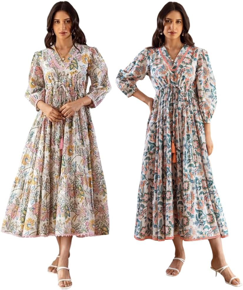 GRECIILOOKS Ethnic Print Puff Sleeve Long Flare Bohemian Dress for Festival, Holiday and Daily Wear