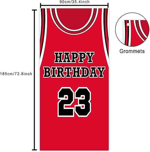 Miniatura 2 de Fondo de pancarta de feliz cumpleaños 23, fondo rojo de baloncesto estrella jugador de deportes decoración para hombre niño primer cumpleaños fiesta