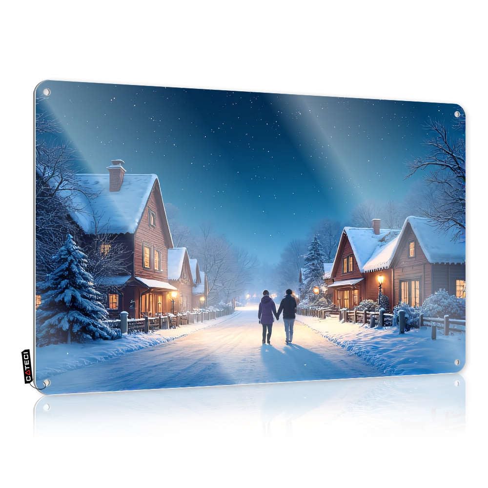 Sujd Colour Plaque Neon Wall Decor | A Couple Walks Hand In Hand Down A Snow-Covered Street Under A Starry Night Sky. Inappropriate For Slow Home(30X40cm)