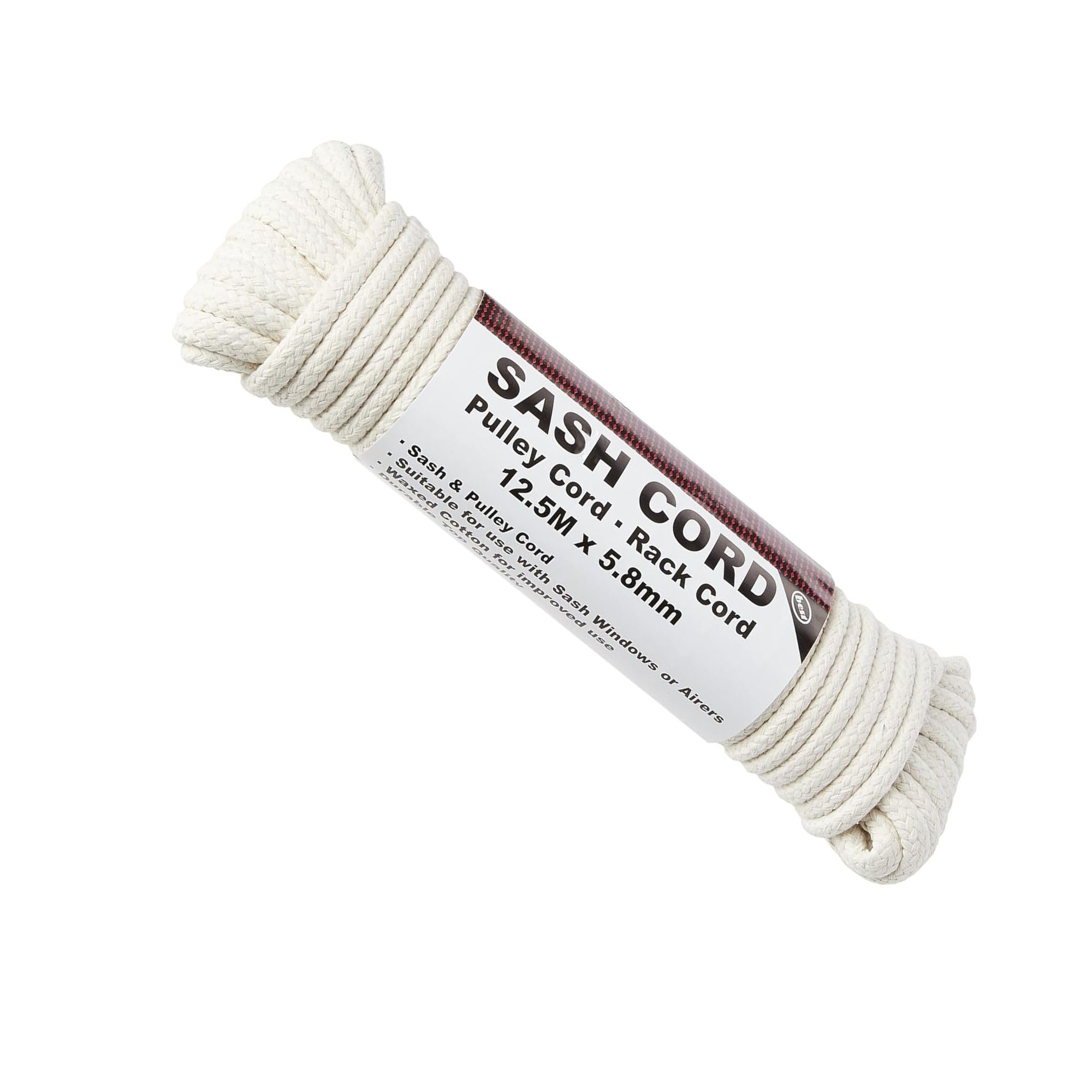 Waxed Cotton Sash Window Pulley Cord, 12.5M x 5.8mm, Cream