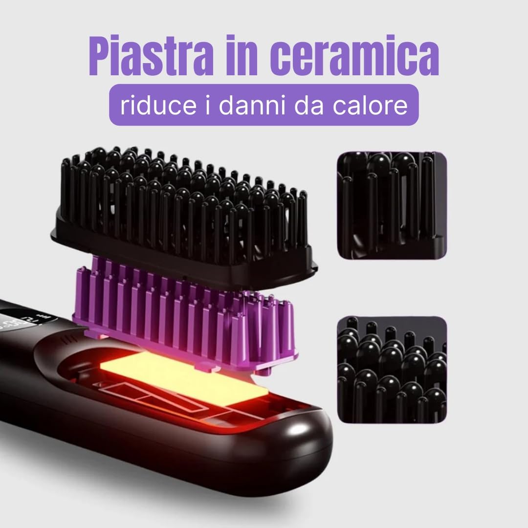 Iceface HairGo- Spazzola Lisciante Riscaldata - Portatile & Senza Fili 3 impostazioni di temperatura 140-200 °C, display LED, design compatto, ideale per viaggi e uso quotidiano