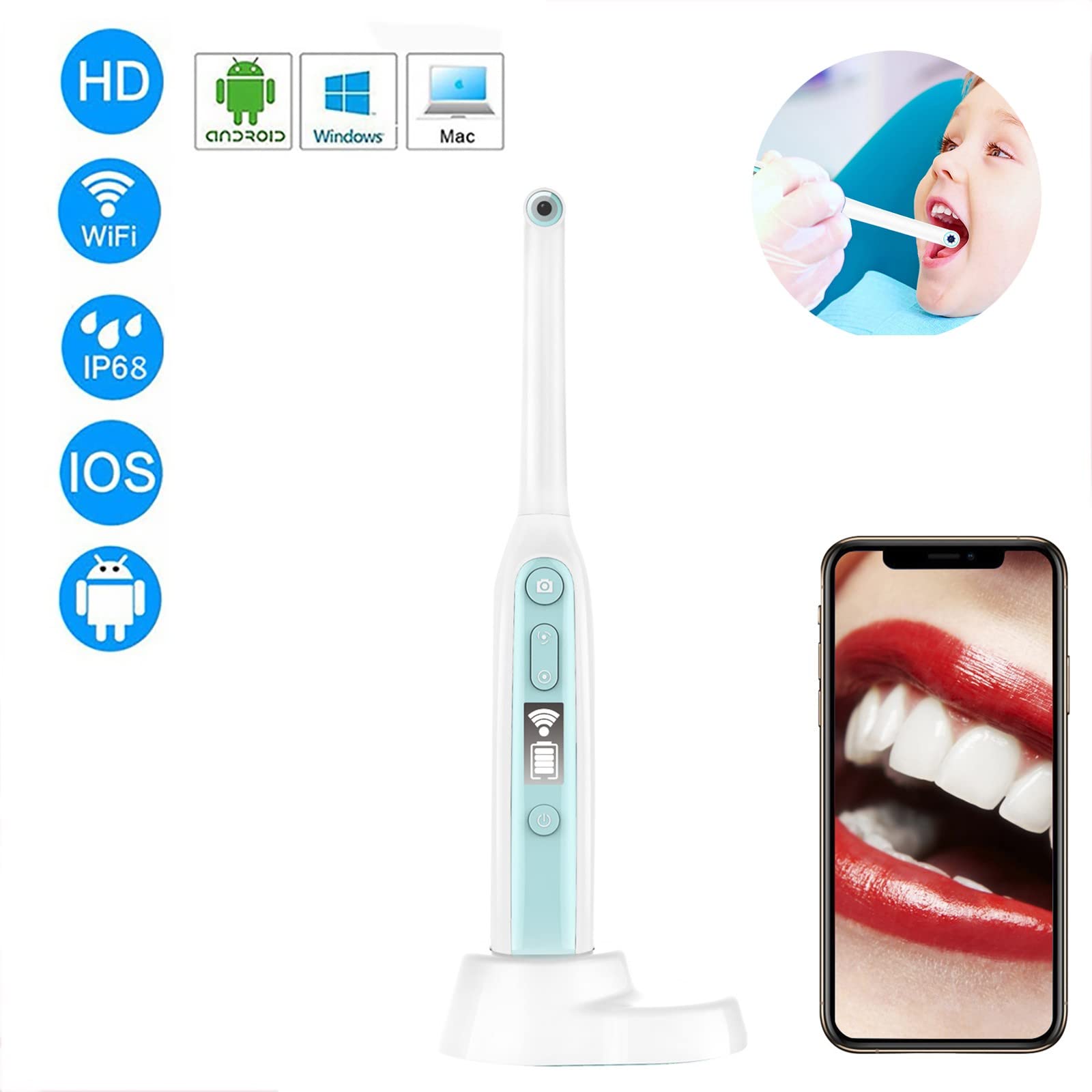 Telecamera Orale Dentale, Telecamera Intraorale Hd per Endoscopio Intraorale Wireless, Telecamera Dentale per Endoscopio Wifi 1080P Hd, Videocamera per Denti Wireless Impermeabile con 8 Luci A Led
