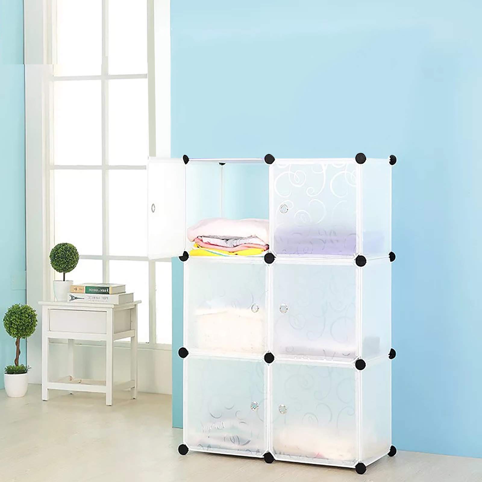 NAIZY - Armario ropero, sistema de estanterías de plástico con puerta, color blanco, 6 cubos