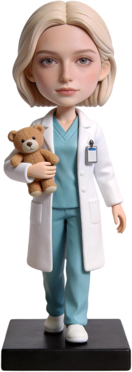 Custom Pediatric Doctor Bobblehead - Personalized Full Body Bobbleheads, 3D Figurine from Photo, Handmade Poly Clay with Mini Teddy Bear, Custom Bobblehead for Birthday, Desk Decor