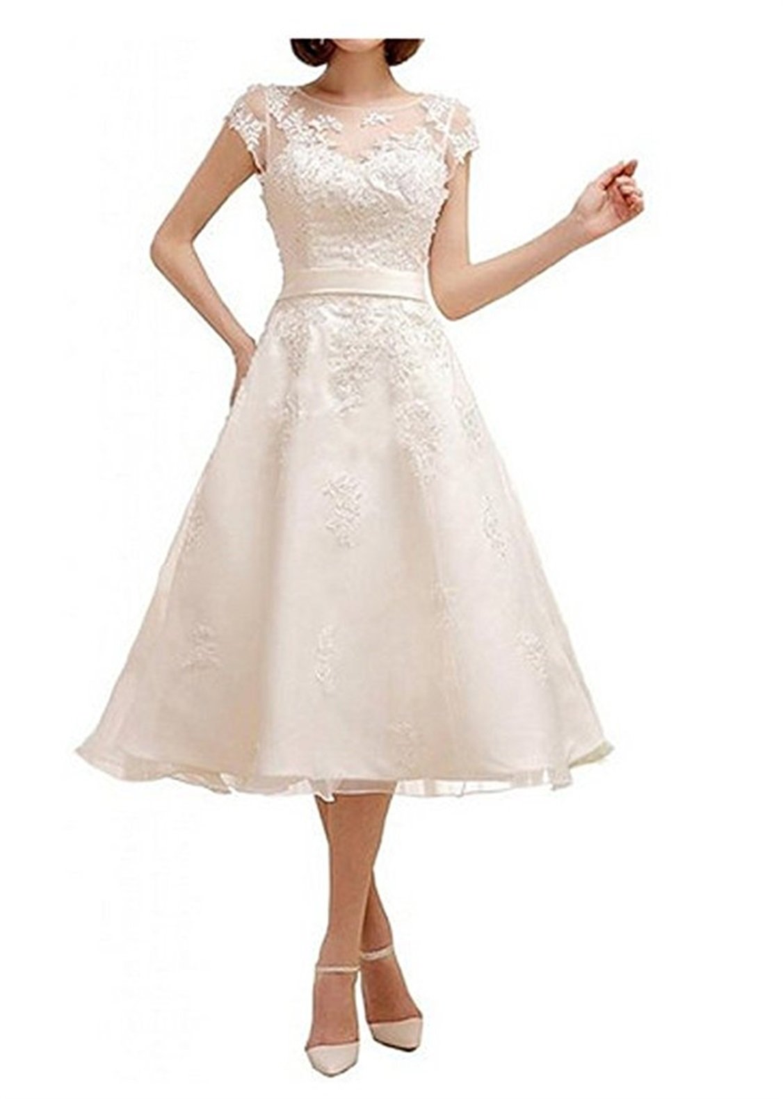 Abito da Sposa con Sash Abiti da Sposa Vintage al Ginocchio Lunghezza Pizzo Abiti da Sposa per la Sposa