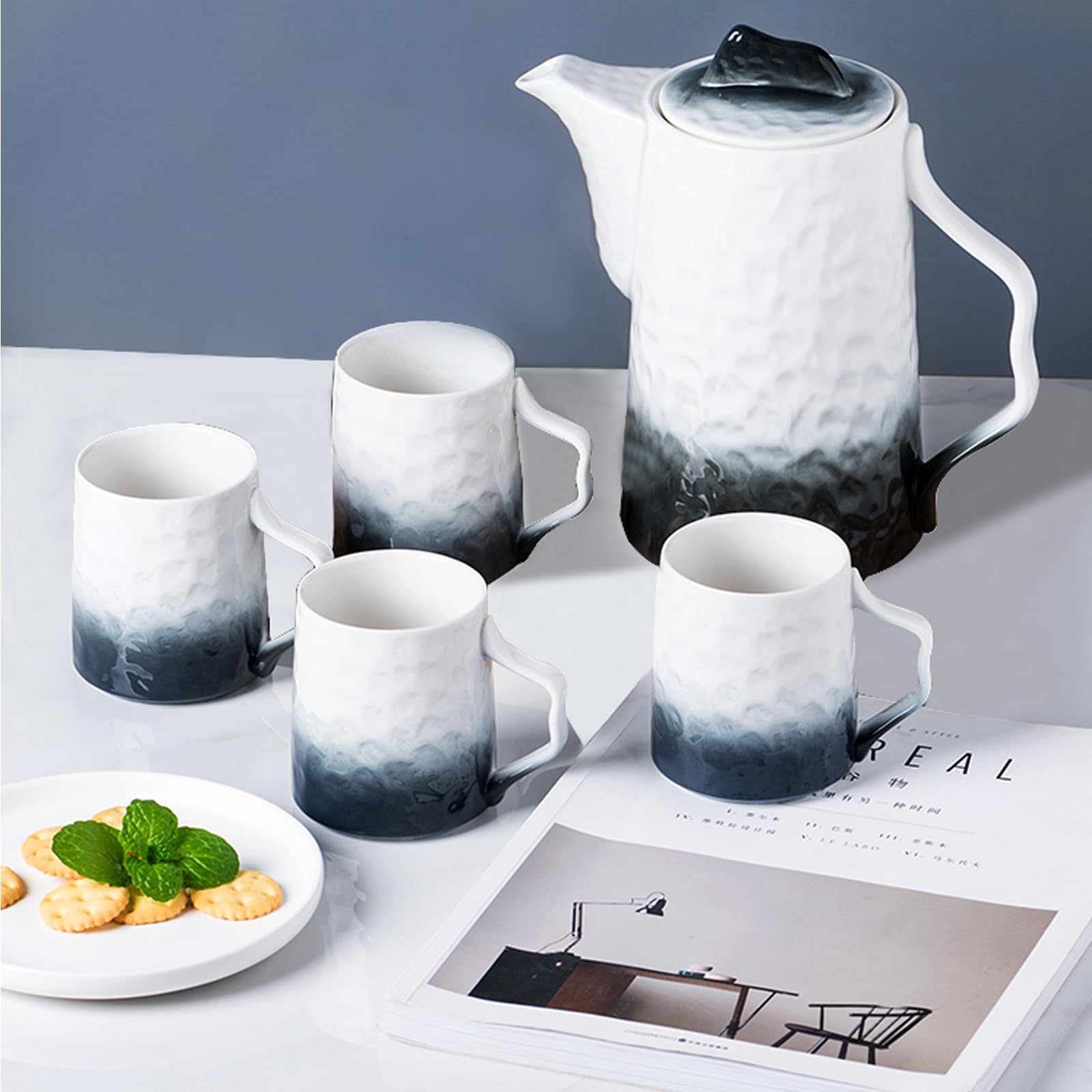 Tiamo Porcelain Tea Cup Set with Teapot for 4, Blue and White with Tray - Perfect Gift for Tea Lovers,Christmas Gifts for Women