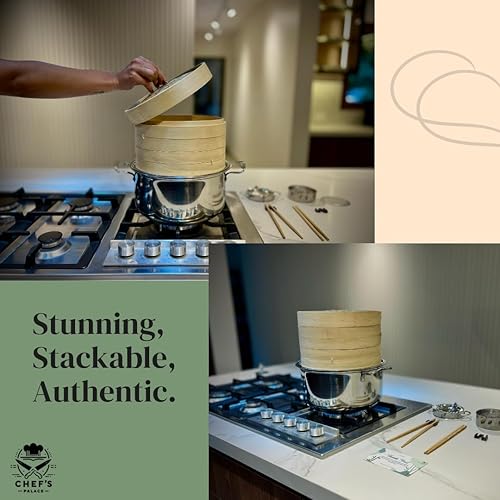 Miniatura 7 de Chef's Palace - Cesta de vapor de bambú  Bola de masa hervida de 2 niveles de 10 pulgadas, vaporizador de arroz y verduras  Ayudantes de palillos y