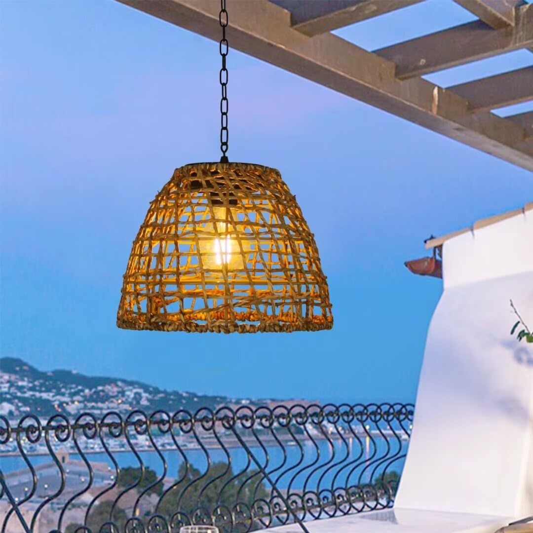 GUANSHAN 1 Pack Seagrass Weaving Solar Lamp Solar Power Pendant Lamp Solar Garden Pendant Light Outdoor Solar Hanging Lamp Outdoor Hanging Light for Balcony, Garden