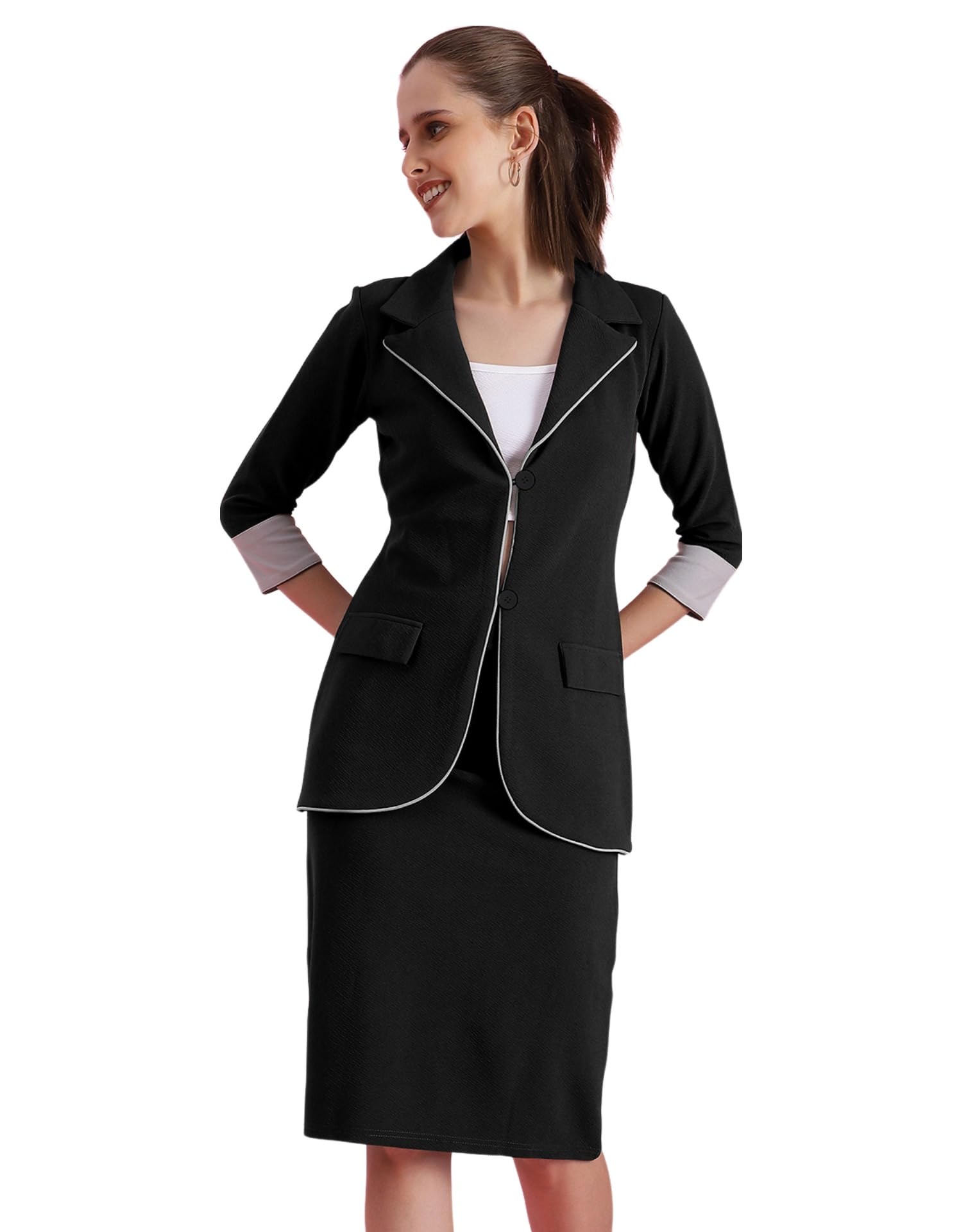 Women's Co-Ord Lycra Blazer and Skirt Set | Two Piece Office Wear Blazer Co-Ord