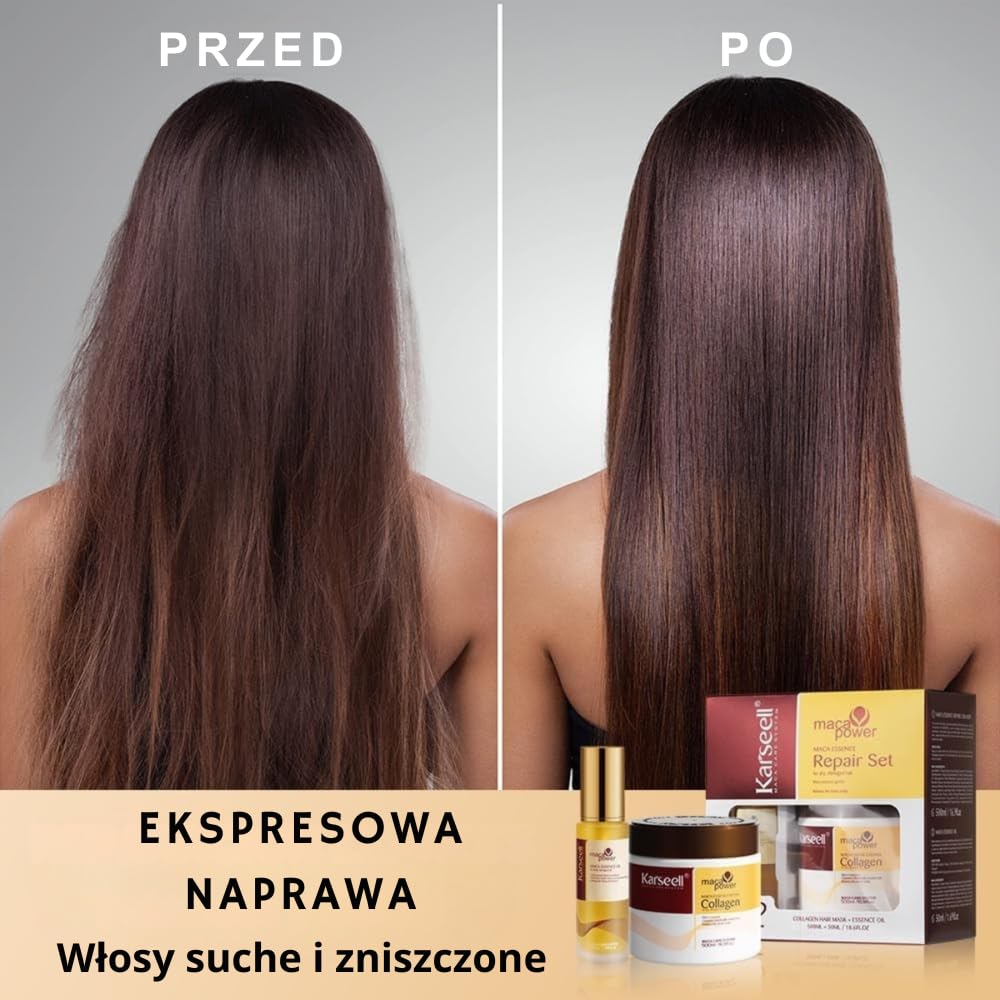 Karseell MACA CARE SYSTEM Maska Kolagenowa Serum Olejek Arganowy Włosy Suche Zniszczone Farbowane Puszące Nawilżenie Blask Regeneracja Wzmocnienie Do Wszystkich Rodzajów Włosów 500ml+50ml