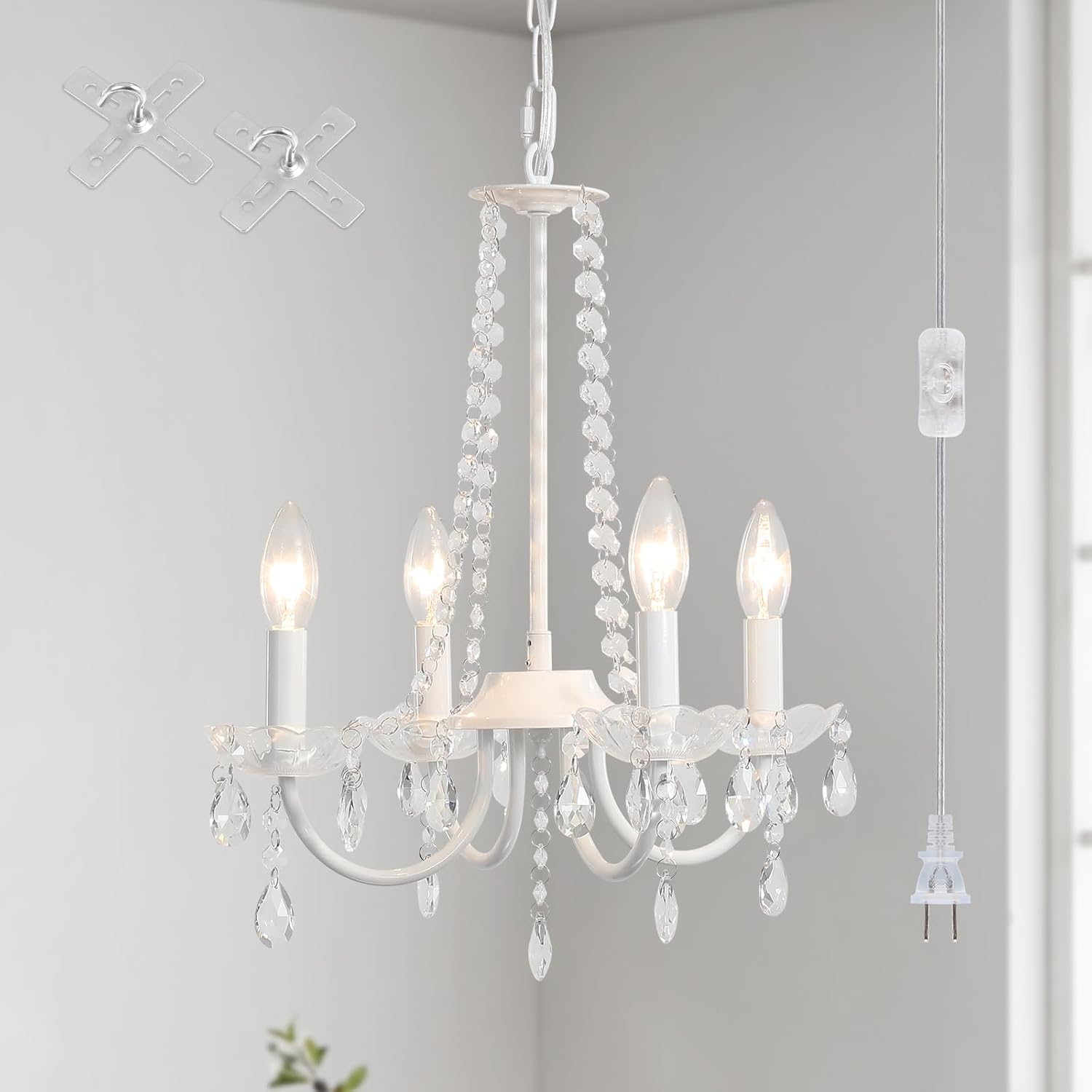4 Lights Plug in Chandelier Lighting with Long Cord 15.74 Inch White Ceiling Chandeliers Small Crystal Chandelier Dining Room Hanging Light Fixture for Bedroom Living Room Kitchen Island Entryway Crystal 4 Light-White