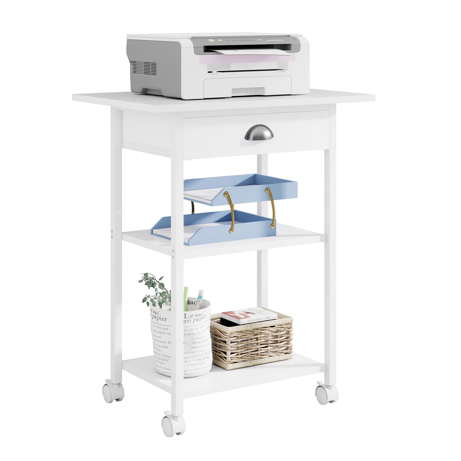 IBUYKE 3-Tier Printer Stand With Drawer,Printer Table on Wheels TPS005W
