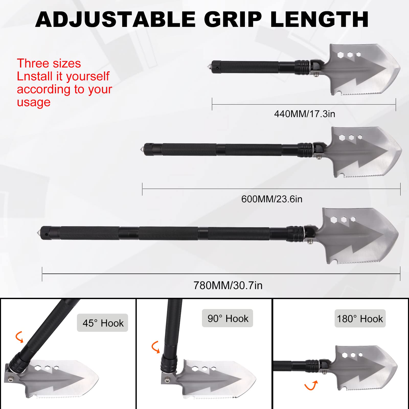 Pala multiusos de Aluminio, negro / plata, Plegable de 78 cm, con 3 Combinaciones de Longitudes, portátil de 180 Grados, para Senderismo, Aventura, jardín, etc.