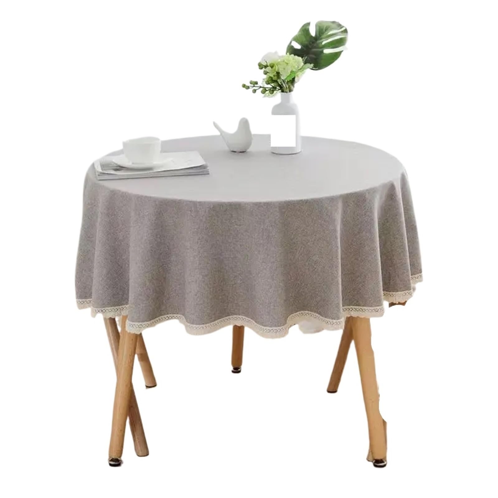 ZNTIHZ Solid Color Round Tablecloth With Lace Cotton Linen Table Cloth Wedding Dining Tea Decoration Cover For Wedding Party Banquet(Light gray,120cm)