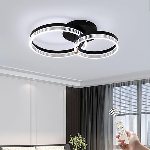 Becailyer Lámpara de techo LED moderna, lámpara LED de acrílico regulable con control remoto, lámpara de techo negra de 2 anillos, lámpara de techo