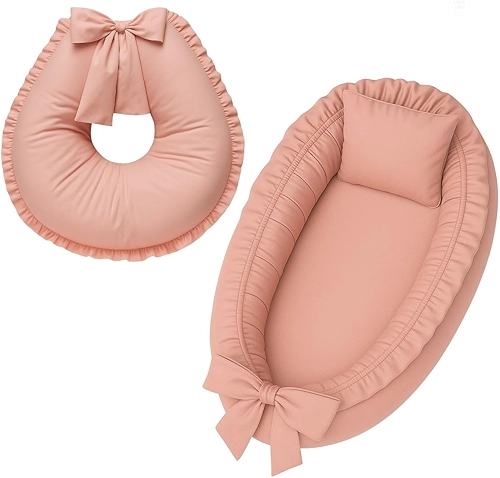 Ninho redutor de berço e Almofada de Amamentação Percal 100% Algodão (Rose)